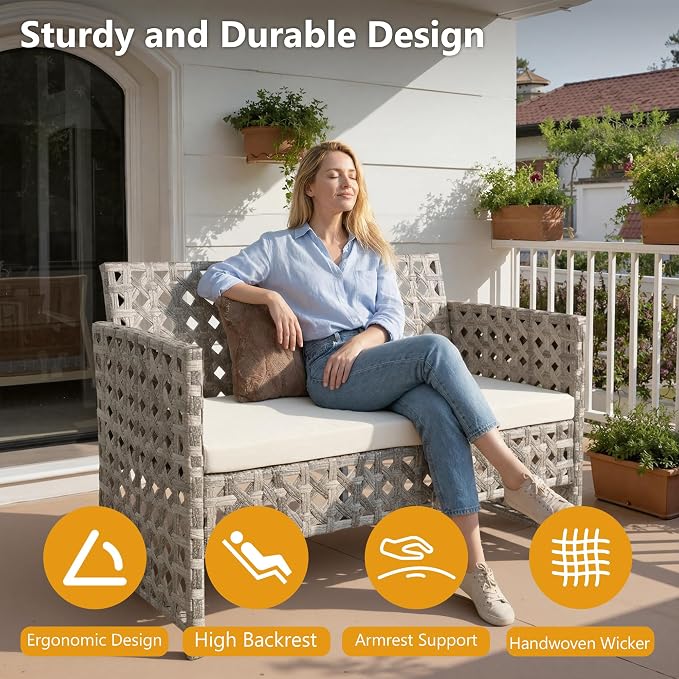 HOOOWOOO 4 Pieces Patio Furniture Set,PE Wicker Outdoor Conversation Sets,Weather Resistant Loveseat with High Back Chairs Table for Porch Balcony Yard Deck,Beige