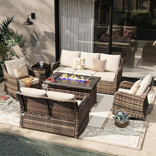 MEISSALIVVE 6 Pieces Patio Furniture Set with 43" Fire Pit Table, Wicker Patio Conversation Set with Swivel Rocking Chairs, Outdoor Patio Set for Lawn Backyard Porch (Brown)