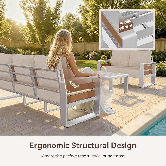 Aoxun Aluminum Outdoor Patio Furniture Set, 2 Seats Metal Sectional Patio Furniture, Modern Outside Sectional Set for Backyard, Love Seat Sofa ×1, Silver & Beige