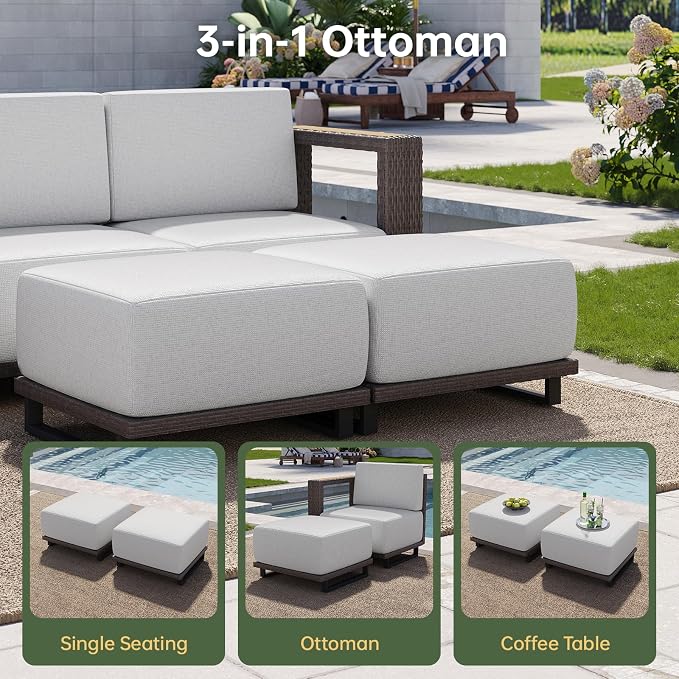 Aoxun Patio Furniture Set, 6 Piece Outdoor Wicker Sectional Sofa Set, All-Weather Rattan with 10'' Ultra-Thick Cushions, Outdoor Conversation Set for Backyard, Poolside and Garden, Brown/Light Gray