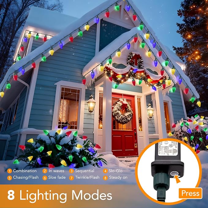 C9 LED Christmas Lights Outdoor,33 Feet 50 LED 8 Lighting Modes Waterproof Connectable Christmas String Lights for Outside Roofline Patio Home Xmas Decorations (Multicolored)