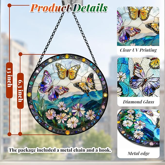 Stained Glass Butterfly Suncatcher Window Hanging Birthday Gifts for Women | 6.3in Garden Sun Catcher, Butterflies Wildflowers Home Decor, Memory Gift for Mom Grandma & Mother's Day, Christmas Ornament