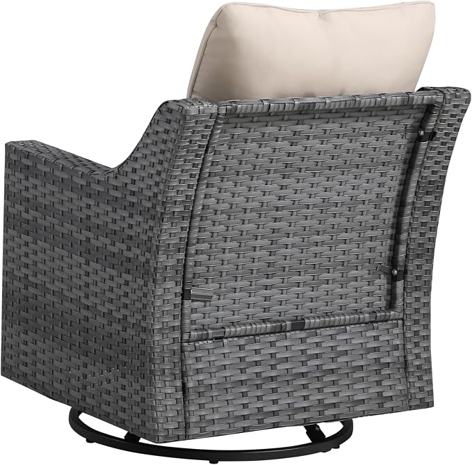 2 Piece Patio Furniture Set, Outdoor Swivel Rocker Chairs Set of 2, Grey Wicker Conversation Chairs with 6-Inch Thick Cushions, High Back Seating, Beige Olefin Covers for Porch, Deck