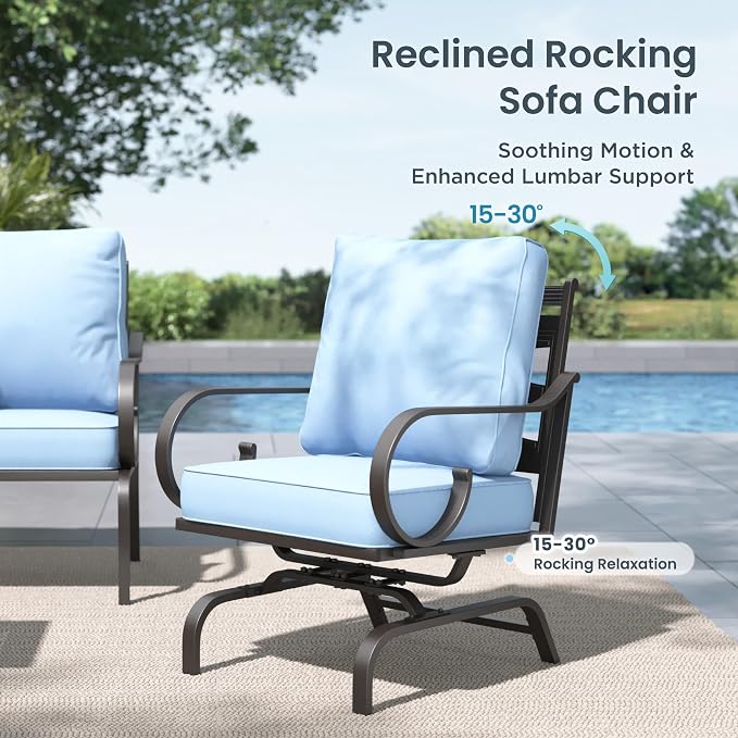 PHI VILLA Patio Furniture Set, 3-Seater Sofa, 2 Fixed Chairs, 2 Rocking Chairs and a 45" Fire Pit Table, Outdoor Metal Conversation Set with 5.75" Extra Thick Cushion for Garden Backyard Deck, Blue