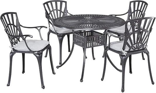 Homestyles 5 Piece cast Aluminum Frame Outdoor Patio Dining Set for 4, 42" Round Dining Table with Umbrella Hole and 4 Outdoor Dining Chairs, Patio Table and Chair Furniture Dining Set for 4 Person