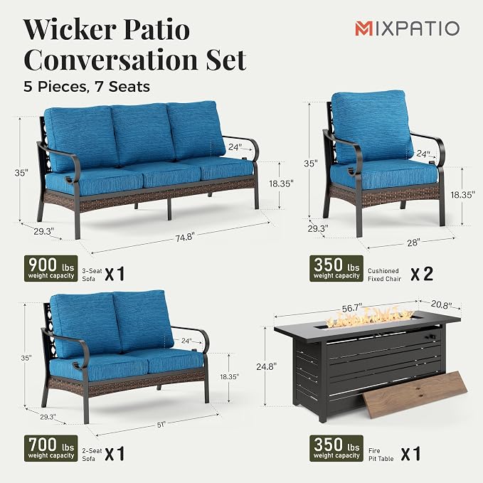 MIXPATIO Patio Furniture Set with Fire Pit Table, Metal Outdoor Conversation Set with 2 x Fixed Chairs, 1 x Loveseat, 1 x 3-Seat Sofa and Gas Fire Pit Table for Lawn Garden Backyard, Pacific Blue