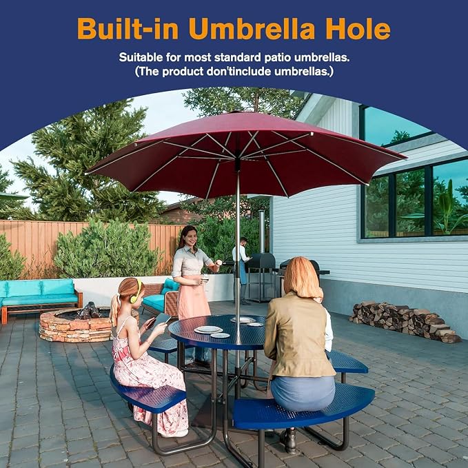 46'' Round Outdoor Metal Picnic Table Expanded,Lifetime Steel Picnic Table with Umbrella Hole,Heavy Duty Sturdy Commercial for Patio, Backyard, Garden (Includes 4 Built-in Benches) Blue
