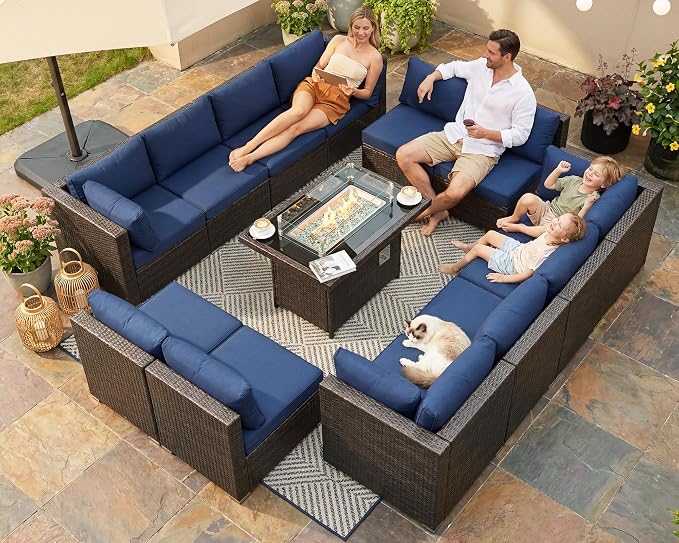 NICESOUL 13 Piece Patio Furniture w/Fireplace, Elegant Outdoor Seating w/Firepit, XL 29.3'' High Back Sectional Sofa, All-Weather Rattan Deck Couch, Modular Sturdy Conversation Set, Brown & Blue