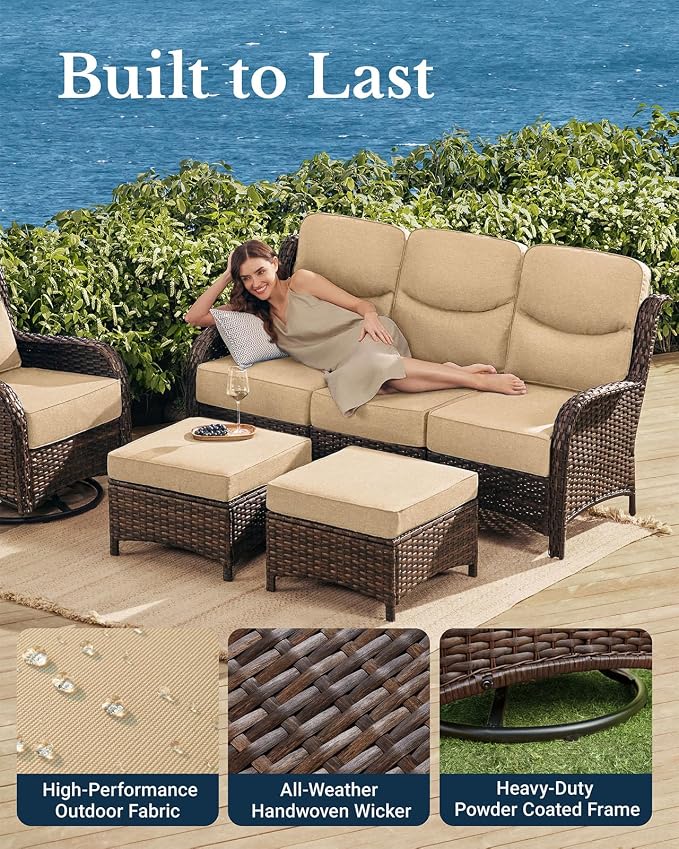 HILLGA Luxury High Back Patio Furniture Set with 6-Inch Thick Cushion, 7-Piece Outdoor Conversation Set with Sofa, Swivel Rocker Chairs & Ottomans, Ideal for Porch Pool Deck Yard (Beige)