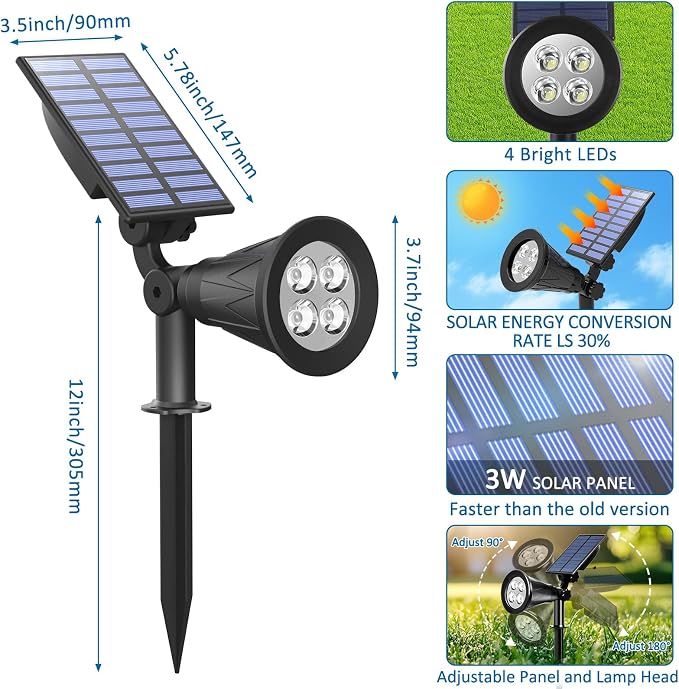 T-SUNUS Solar Landscape Spotlights Outdoor, Blue LED Solar Spot Lights Adjustable Panel, 2 Lighting Modes, Auto On/Off, IP65 Waterproof, 2-in-1 Ground & Wall Mount for Yard Garden Pathway 4 Pack