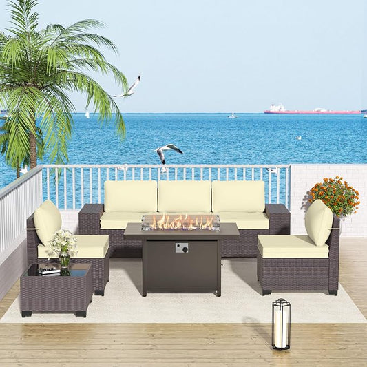 Patio Furniture Set 7 Pieces Outdoor Furniture Patio Conversation Set w/43in Aluminum Gas Fire Pit,PE Rattan Wicker 7 Pcs Outdoor Sofa Set w/55000 BTU Propane Fire Pit Table,Cream