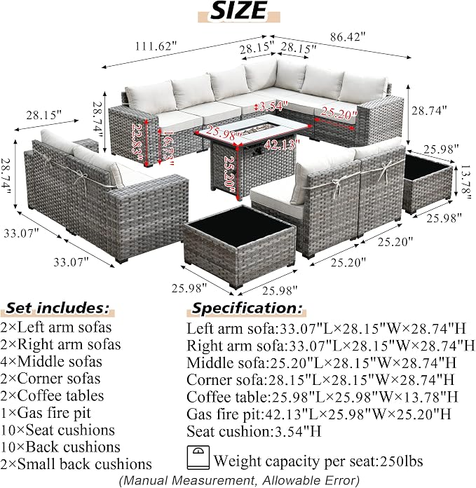 HOOOWOOO Outdoor Patio Sectional Furniture Sofa Set with Propane Fire Pit Table,13 Piece Large Modern Wicker Couch with Widened Armrest,Modular L Shaped Conversation Seating Set(Beige Tan)