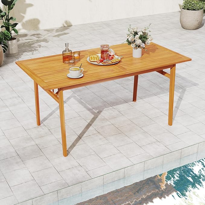 HAPPYGRILL Acacia Wood Outdoor Dining Table with Umbrella Hole & Cover, for 4-6 People, 63” Large Farmhouse Dinette Furniture for Backyard Patio Deck Porch