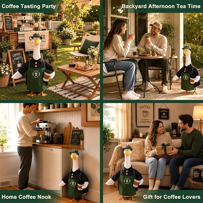 23 Inch Barista Porch Goose Outfits for Outdoor Garden Yard Decor | 3Pcs Coffee Theme Goose Clothes, Durable Weather-Resistant Fabric, Fun Decor Gift for Coffee Lovers