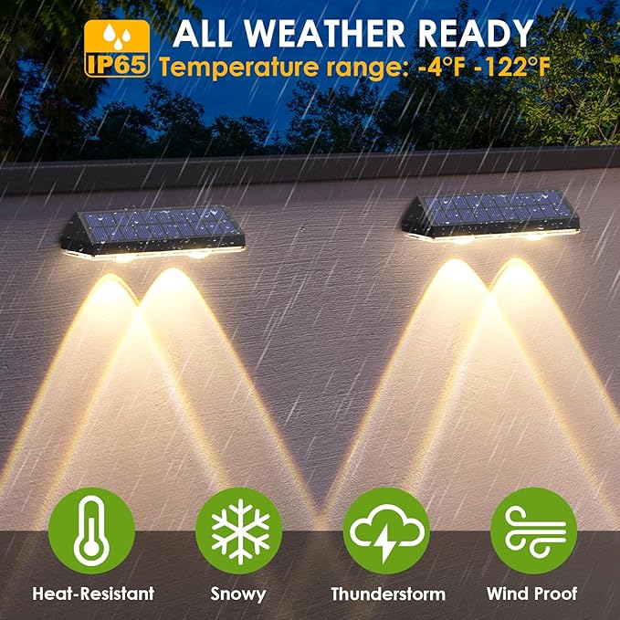 LIANGLOME Solar Fence Lights - 2PK Solar Outdoor Light Warm White/Daylight White/Cold White 3 Modes Deck Lights for Outside, Deck Fences, Stair Railings, Pools and Walls