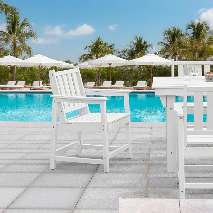 Outdoor Chairs All-Weather Patio Dining Chair with Backrest and Armrest, 300 LBS Support HDPE Outdoor Patio Furniture Chairs for Garden, Deck, Porch, White