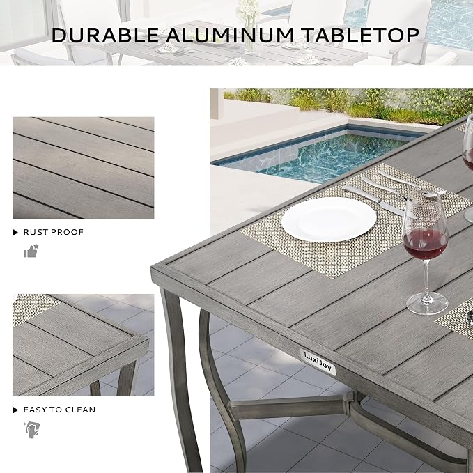 6-Person Outdoor Dining Table, Aluminum Rectangle 60"×36.2" Outdoor Dining Table with 2.2" Umbrella Hole, Rustproof Aluminum Patio Dining Table for 6, Grey