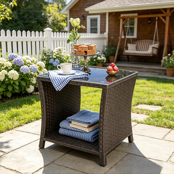 Wicker Rattan Side Table,Outdoor Patio Wicker Table,Modern Patio End Side Table with Glass Countertop and Storage Space,for Garden Balcony Porch