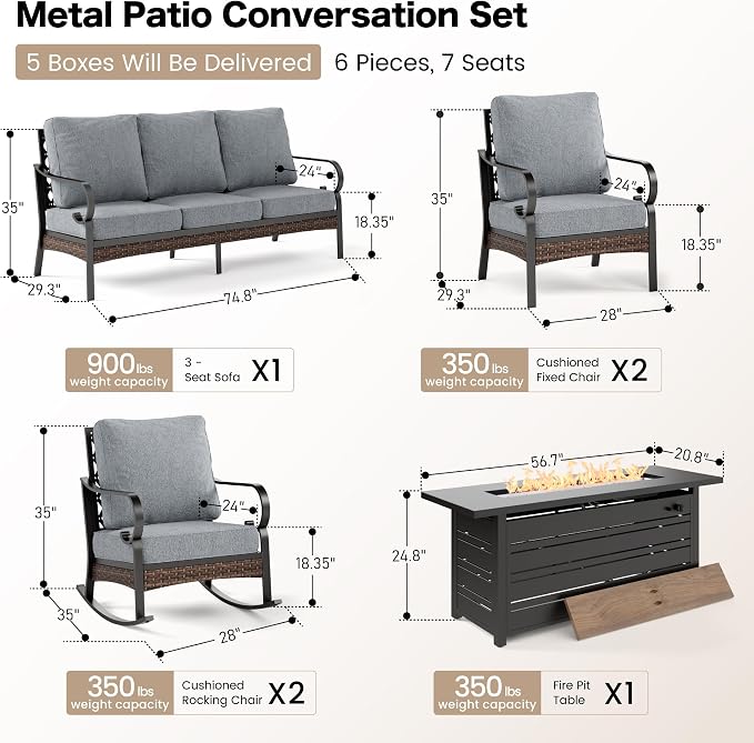 SUNSHINE VALLEY 6 Piece Black Metal Outdoor Patio Furniture Sets with Firepit Table, Patio Conversation Sets 1 3-Seater Sofa, 2 Leg Sofa and 2 Rocking Chair with 5.75" Cushion for Backyard Deck, Gray