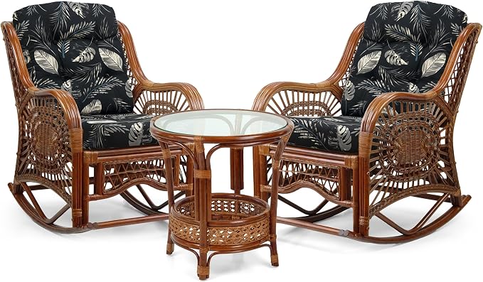 Malibu Handmade Natural Rattan Living Room Set of 2 Rocking Lounge Chairs and Round Coffee Table with Glass, Colonial Color with Black Leaf Cushions