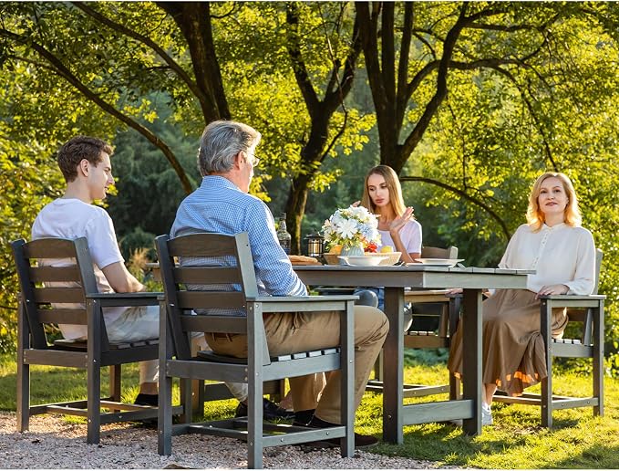 SERWALL 5 Pcs HDPE Patio Dining Set w/Umbrella Hole Table & 4 Chairs, Gray | HDPE Outdoor Dining Set with Rectangular Table & 4 Chairs, All-Weather Patio Dining Furniture