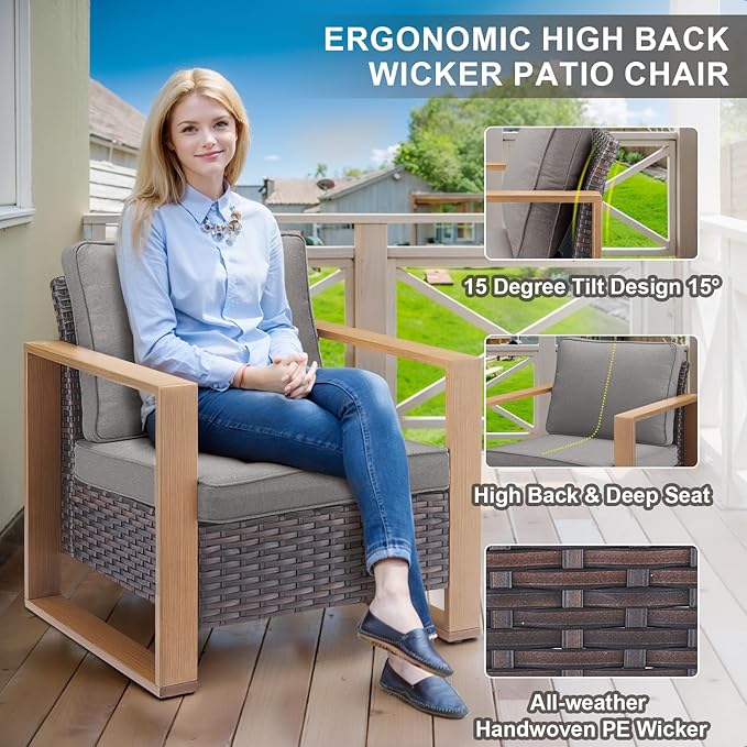 Belord Full 4 Pieces Patio Furniture Set with 41” Propane Fire Pit Table, Outdoor Conversation Set with Patio Chairs Set of 2 and Rattan Sofa for Deck Backyard