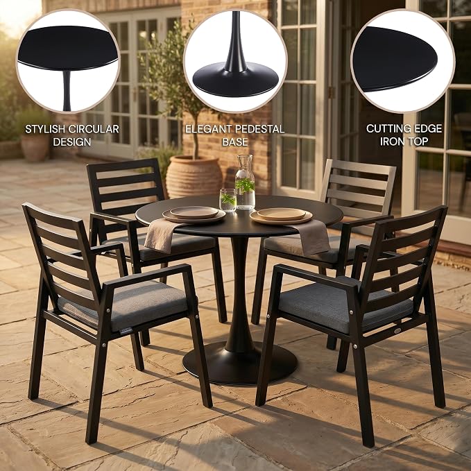 LeisureMod Bello 31" Round Outdoor Dining Table, Modern Black Metal Patio Bistro Table with Pedestal Base, Weather-Resistant Accent Table for Balcony, Garden, Deck, Backyard & Cafe, Black