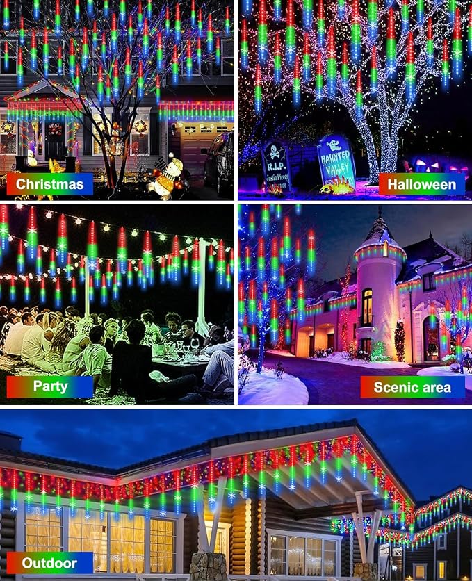 Christmas Lights Outdoor UL Certified Meteor Shower Light 16 Inch 20 Tubes 960 LED Falling Rain Drop Icicle Snow Cascading Lighting for Xmas Tree Wedding Party Garden Decoration, Colorful