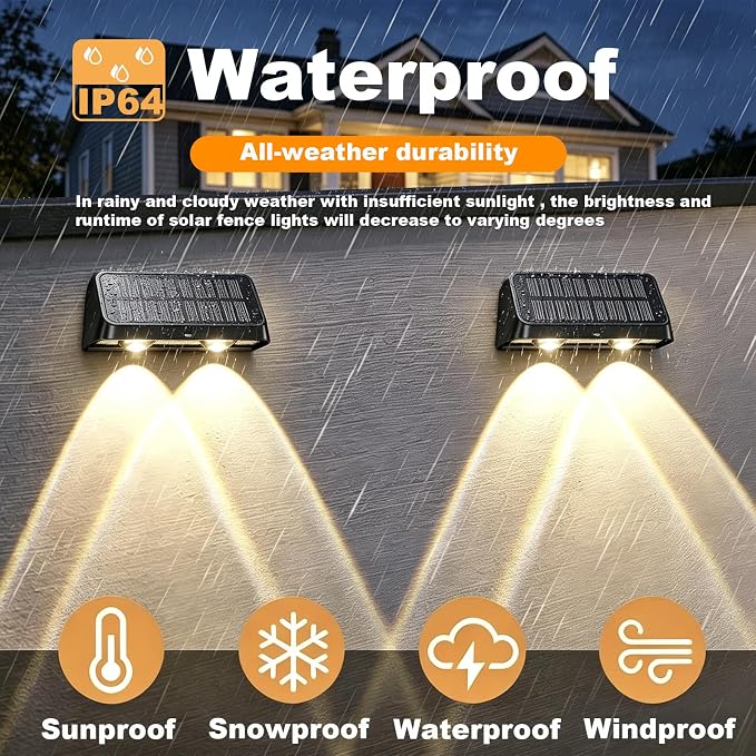 Solar Fence Lights IP64 Waterproof Warm White Outdoor Wall Decor 6 Pack | Auto On/Off LED Solar Deck Lights, Suitable for Railings, Steps, Pools, Backyards, Patios & Porches Outdoor Decoration