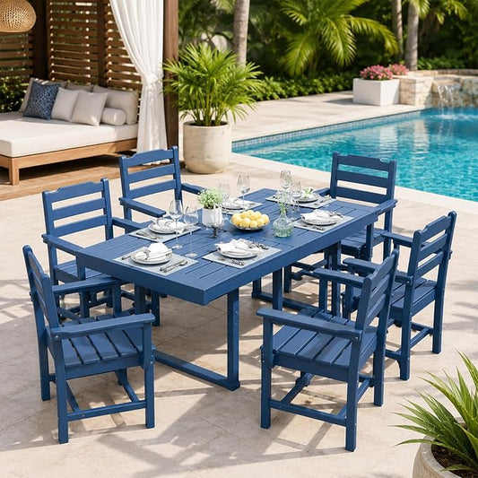 WACASA 7-Piece HDPE Outdoor Dining Set for 6, All-Weather Outside Dining Table and 6 Chairs with Umbrella Hole, Steel-Reinforced Patio Furniture, Blue