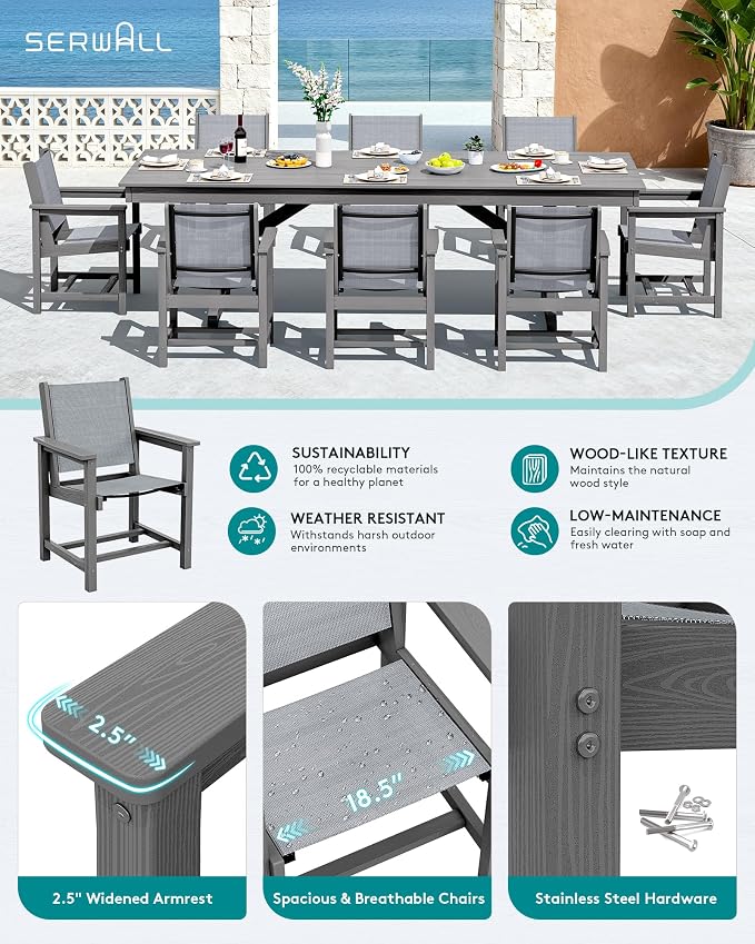 SERWALL 10 Piece Outdoor Dining Set with 15ft Triple-Head Foldable Umbrella(Based not Included), 84" HDPE Outdoor Large Table and Textilene Sling Chairs for 8, Gray