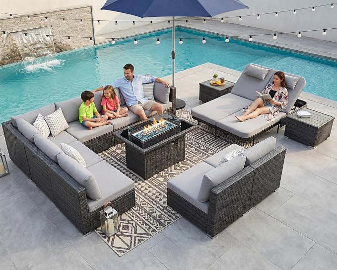 NICESOUL 13 Pcs Patio Set with Fire Pit Table, Modular 10-Seat Wicker Outdoor Sectional with Fire Pit & Chaise Lounge, 500 lbs High Weight Capacity Deep Seated Sectional Couch Set, Light Gray