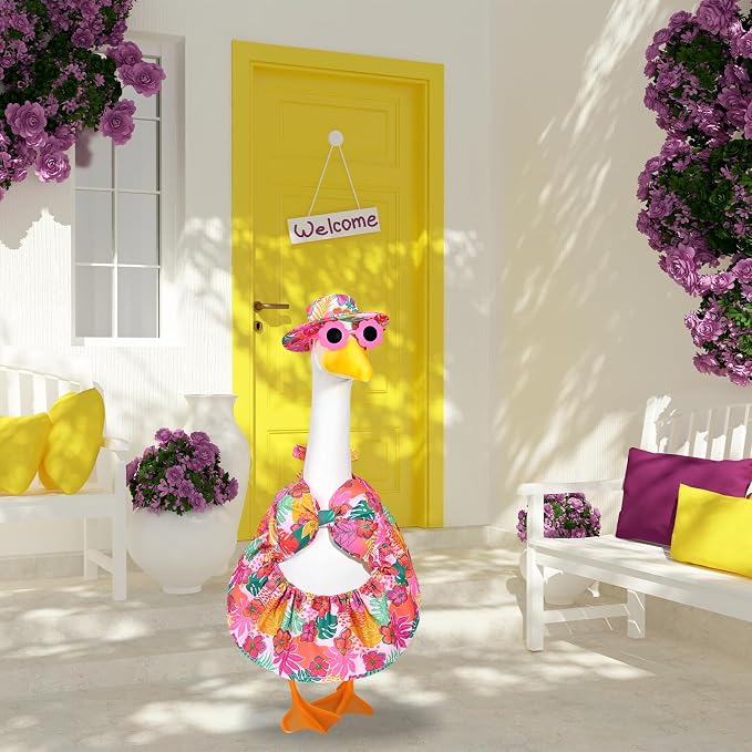 Hawaiian Bikini Goose Outfits Summer Beach Porch Goose Outfit 23 Inch Goose Floral Bathing Suit with Sunglasses & Hat for Fun Outdoor Garden Yard Decor(Tropical Floral)