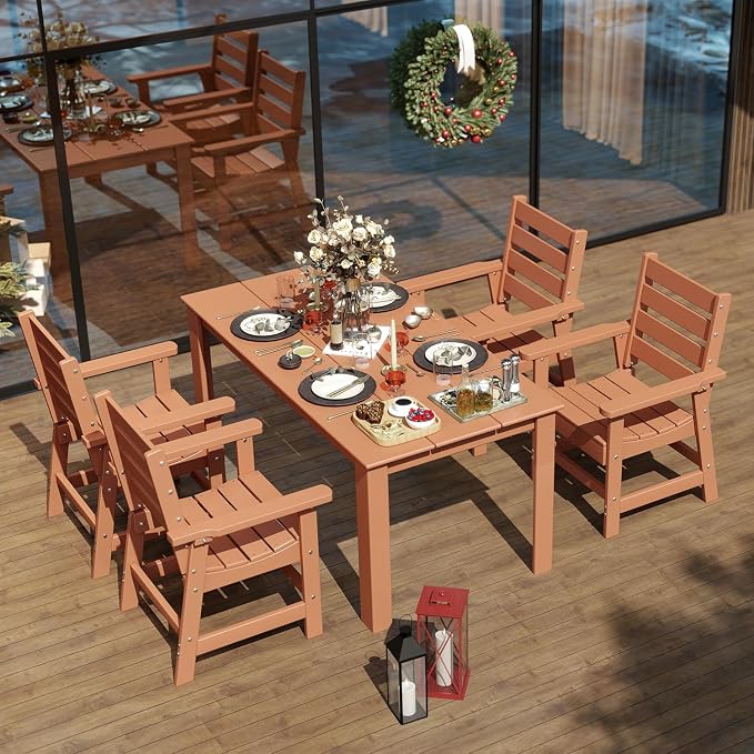 IVY&LANE Outdoor Dining Table | HDPE | 67’’ Rectangle Tables | Teak | All Weather | Umbrella Hole | Patio Furniture | for Poolside Lawn Garden Backyard