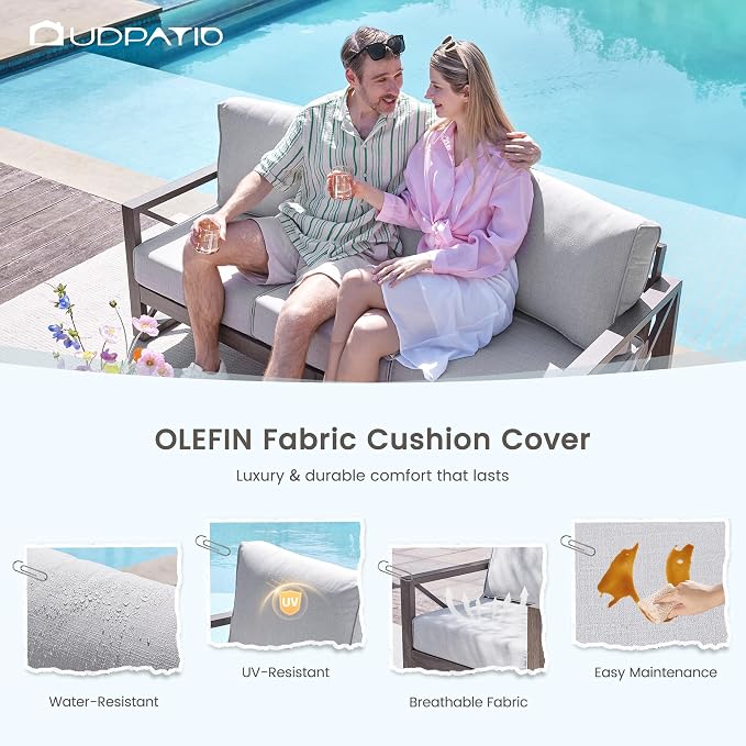UDPATIO Aluminum Patio Furniture Set, Faux Wood Grain Modern Outdoor Furniture, 6" Cushions Metal Patio Conversation Sofa with Coffee Table for Poolside Deck, 5 PCS, Beige(Include 600D Covers)