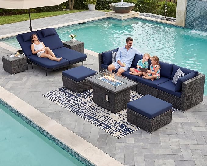 NICESOUL 11 Piece Sectional Outdoor Set with Firepit Loungers, Extra Large Backyard Seating with Fireplace, 29.3'' Highback Deep Patio Couch Sofa, All-Weather Wicker Furniture Sets for Deck, Grey&Blue