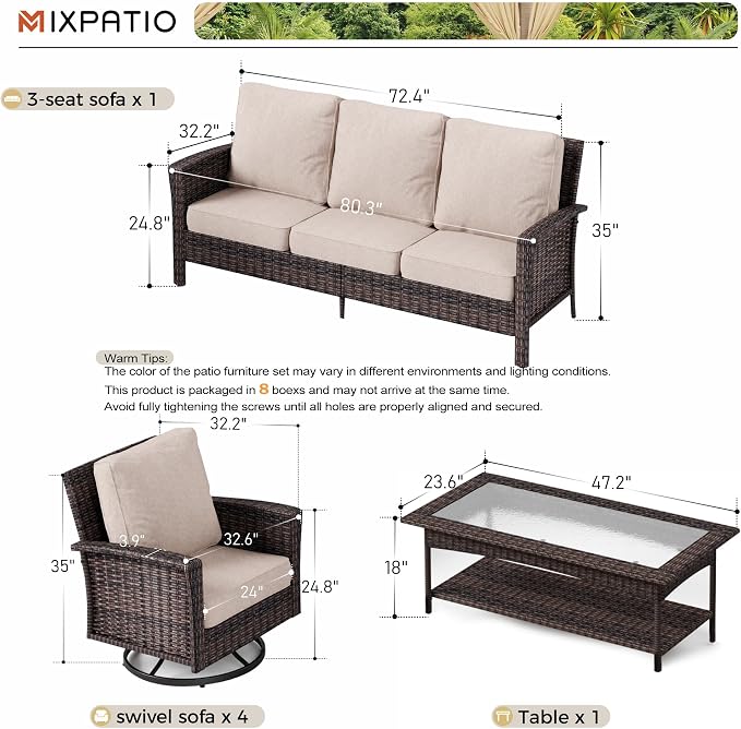 MIXPATIO 6-Piece Wicker Patio Furniture Set with Swivel Chairs, High Back Outdoor Sofa with 5.5-inch Thick Cushion, All-Weather Wicker Patio Conversation Set for Deck Yard Pool, Beige