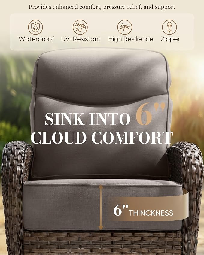 Belord Upgraded 6“ Cushion Luxury 5 Pieces Patio Furniture Set - All Weather Wicker Outdoor Swivel Rocker Patio Chairs of 2 with Ottomans, High Back Glider Chairs Set for Deck Porch - Brown/Grey