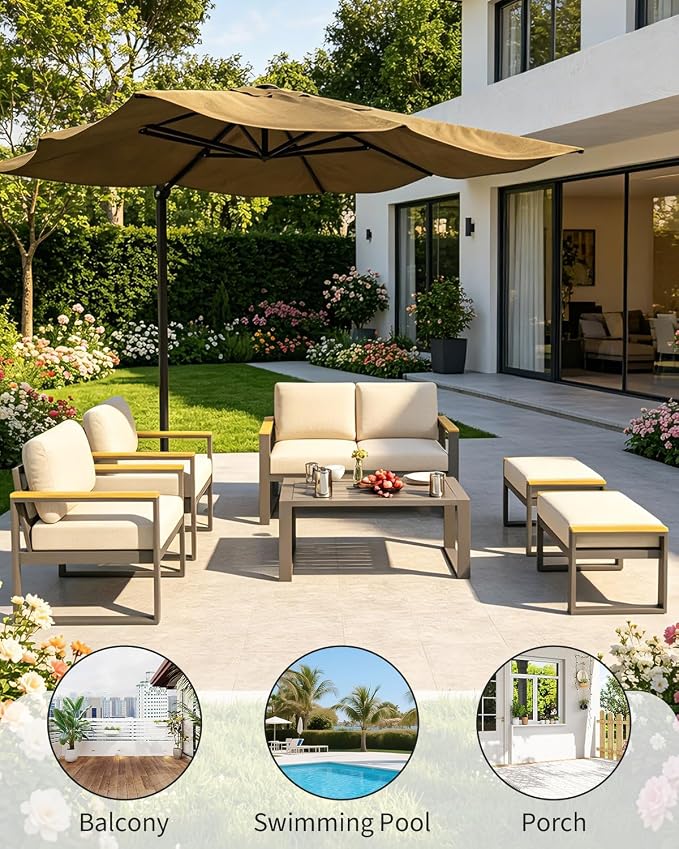 IDEALHOUSE Outdoor 2 Pieces Aluminum Patio Ottoman, Outdoor Footstool with Seat Cushions, Small Metal Outdoor Chairs for Balcony, Garden, Deck, Backyard,Beige