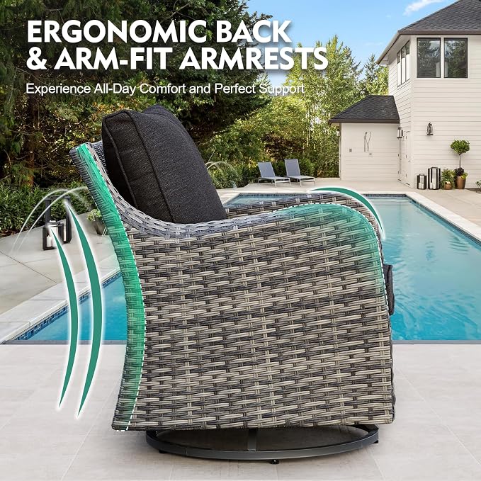 MEISSALIVVE Patio Furniture Set with Swivel Rocking Chairs, 8 Pieces Patio Conversation Set, Outdoor Wicker Sofa Couch with Waterproof Cushions for Lawn Backyard Porch (Black)