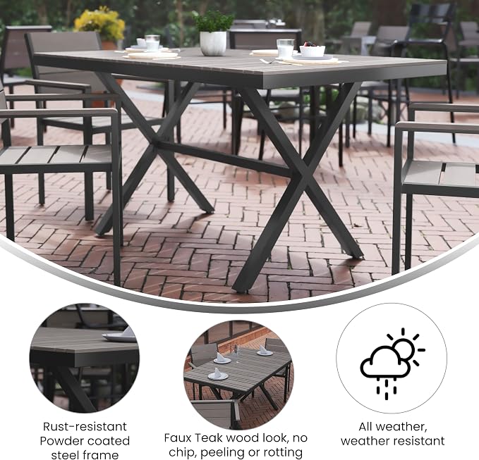Flash Furniture Finch Commercial Grade X-Frame Outdoor Dining Table 59" x 35.5" with Faux Teak Poly Slats and Metal Frame, Gray/Gray