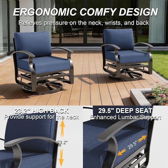 Gotland 6 Piece Patio Set, Aluminum Outdoor Swivel Chairs Set with Round Table 5.1’’ High-Resilience Seat Cushions 29.5" Deep Seating, Metal Patio Furniture Set Patio Conversation Sets, Navy