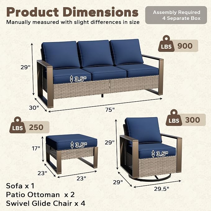 7 Pieces Metal Wicker Patio Furniture Set - 75" Sofa, Four Swivel Chairs and Two Ottomans, All Weather Rattan Outdoor Conversation Furniture with Washable Cushion for Deck Porch, Dark Blue