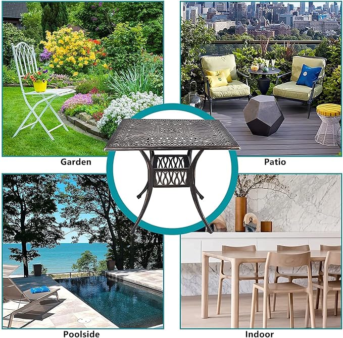 35.4" Square Patio Dinning Table, Outdoor Weather Resistant Cast Aluminum Conversation Table with 2.2" Umbrella Hole, Bronze
