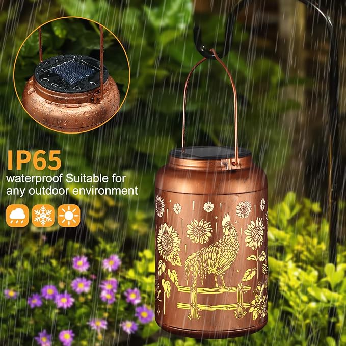 Rooster Solar Lanterns Outdoor Waterproof Garden Decor Gifts for Women | Metal Hanging Solar Lights Birthday Gifts for Grandma Mom Solar Decoration Outside for Yard, Patio, Backyard, Porch