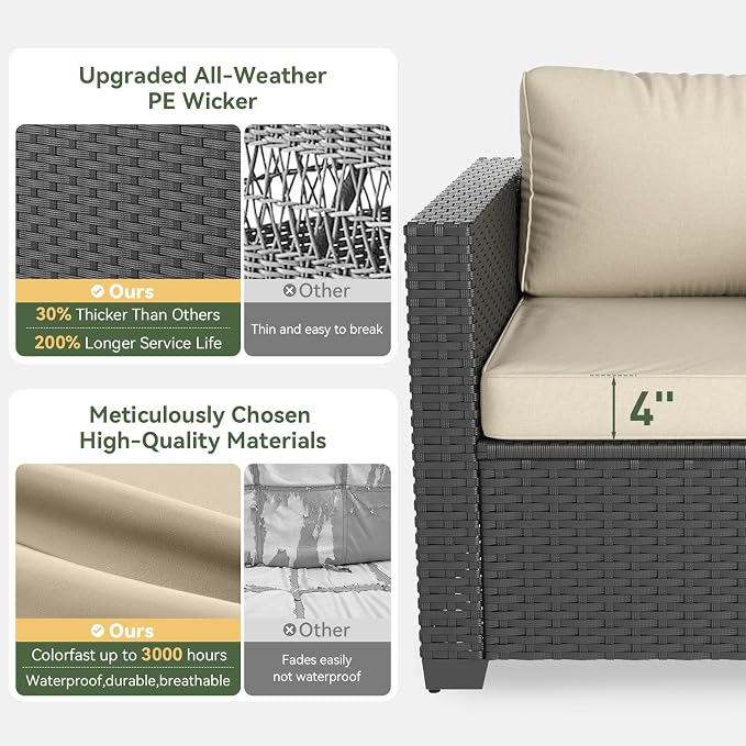 Aoxun 1 Piece 3-Seats Sofa Patio Furniture Set, Wicker Outdoor Furniture Conversation Set with 4" Thick Cushions for Deck Yard and Poolside Beige