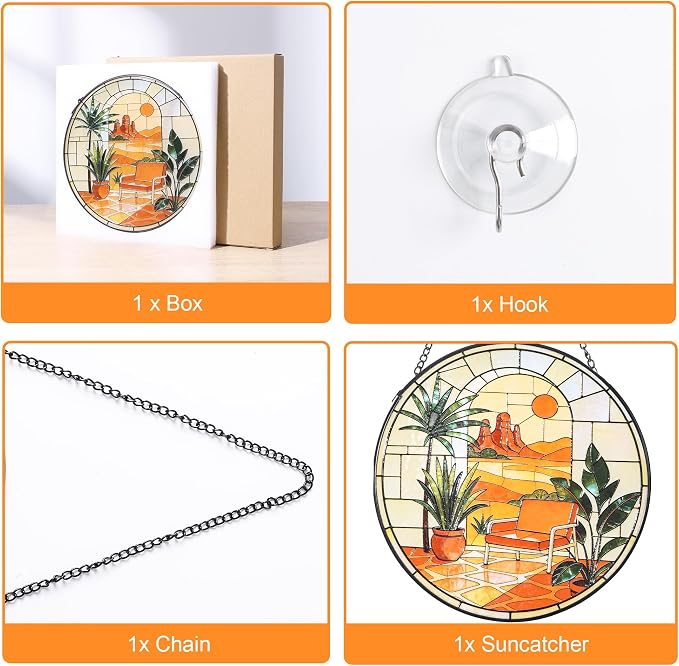 Stained Glass Window Hanging,20cm/7.87inch Desert Sunset Suncatcher with Chain Garden Diamond Glass Panel Hangings Decoration for Windows Home Decor Gifts for Family Friends Colleagues