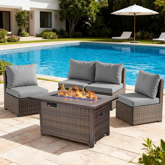 5 Pieces Patio Furniture Set with 42" Fire Pit Table, Outdoor Patio Sectional Sofa, Wicker Rattan Conversation Set, Grey