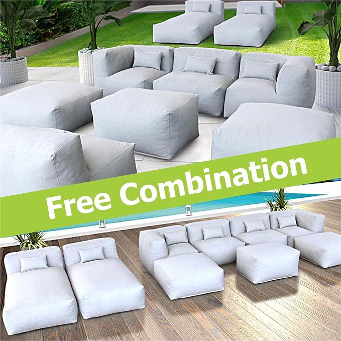 ANNYH Patio Modern ERACLEA(9P) Outdoor Furniture Sectional Conversation Set - Combines 2Lounger 2Middle 2Corner 3Ottoman/Coffee Exp Foam Filled Chairs.A Unique Modular Contemporary Sofa (Cloud Gray)