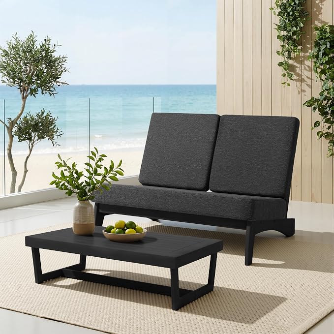 7 Pieces All Weather Black Wood Patio Furniture Sets, 2 Patio Loveseat, 4 Patio Bistro Chair, Outdoor Sectional Sofa Furniture Backyard Conversation Set with Coffee Table - Dark Gray